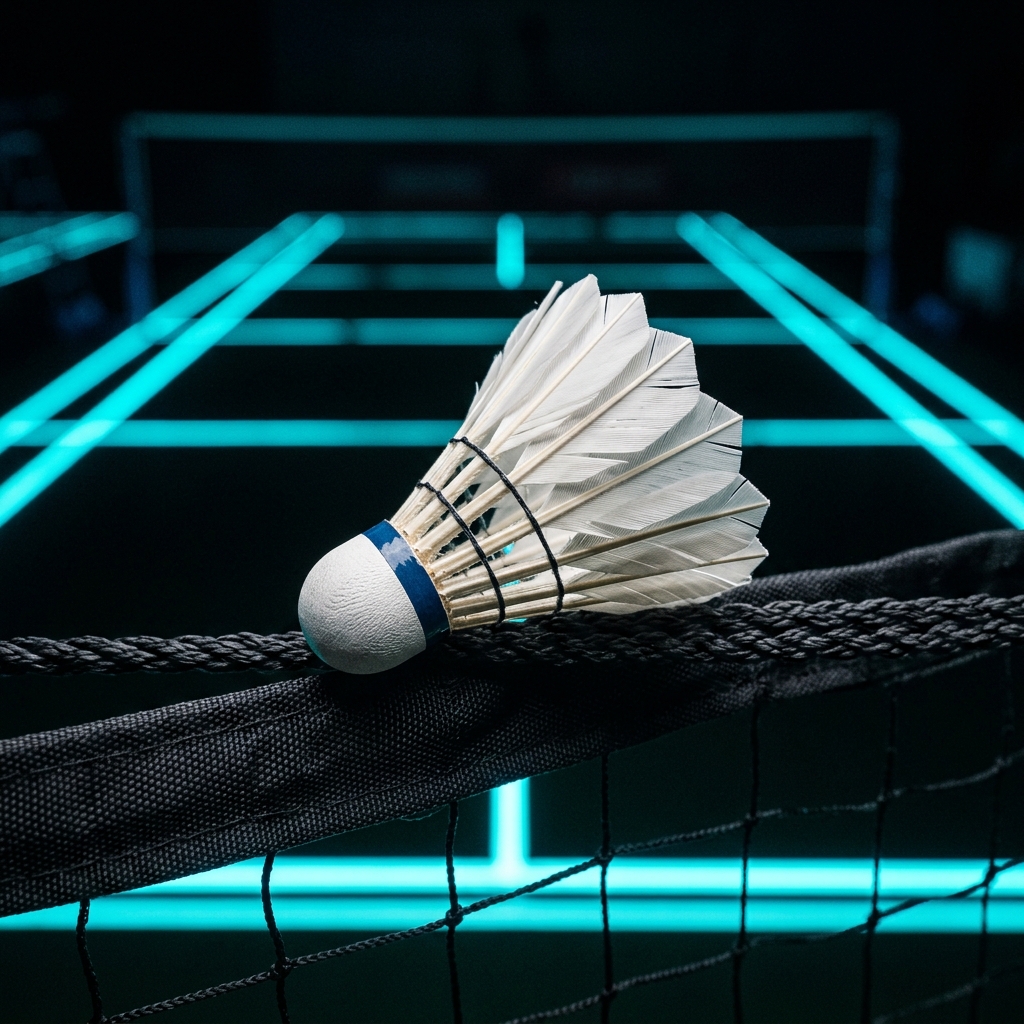 Flypro Gold goose feather tournament shuttlecock macro view resting on court net